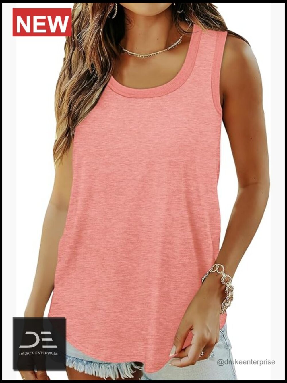 Sleeveless Tank Top with Ribbed Trim Scoop Neck Curved Hem Loose Fit